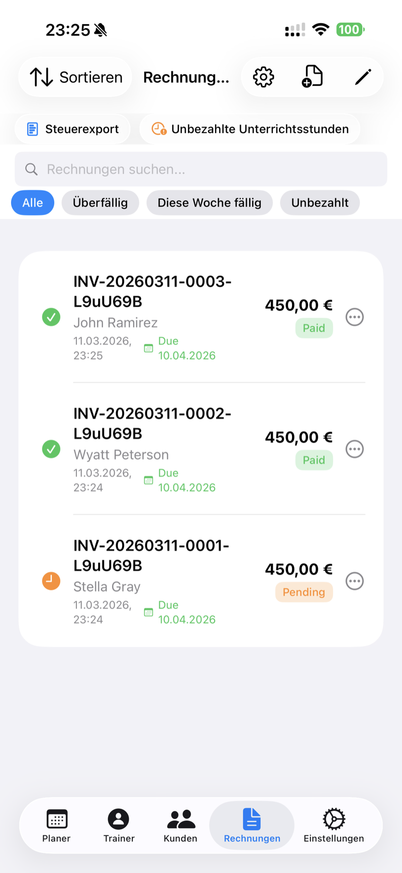 Invoices list showing paid and pending invoices with amounts and due dates