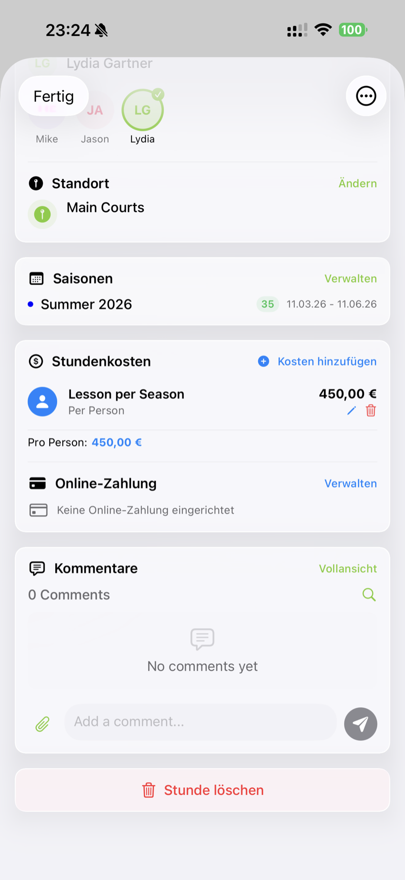 Lesson cost settings showing per-person pricing of 450 euros per season