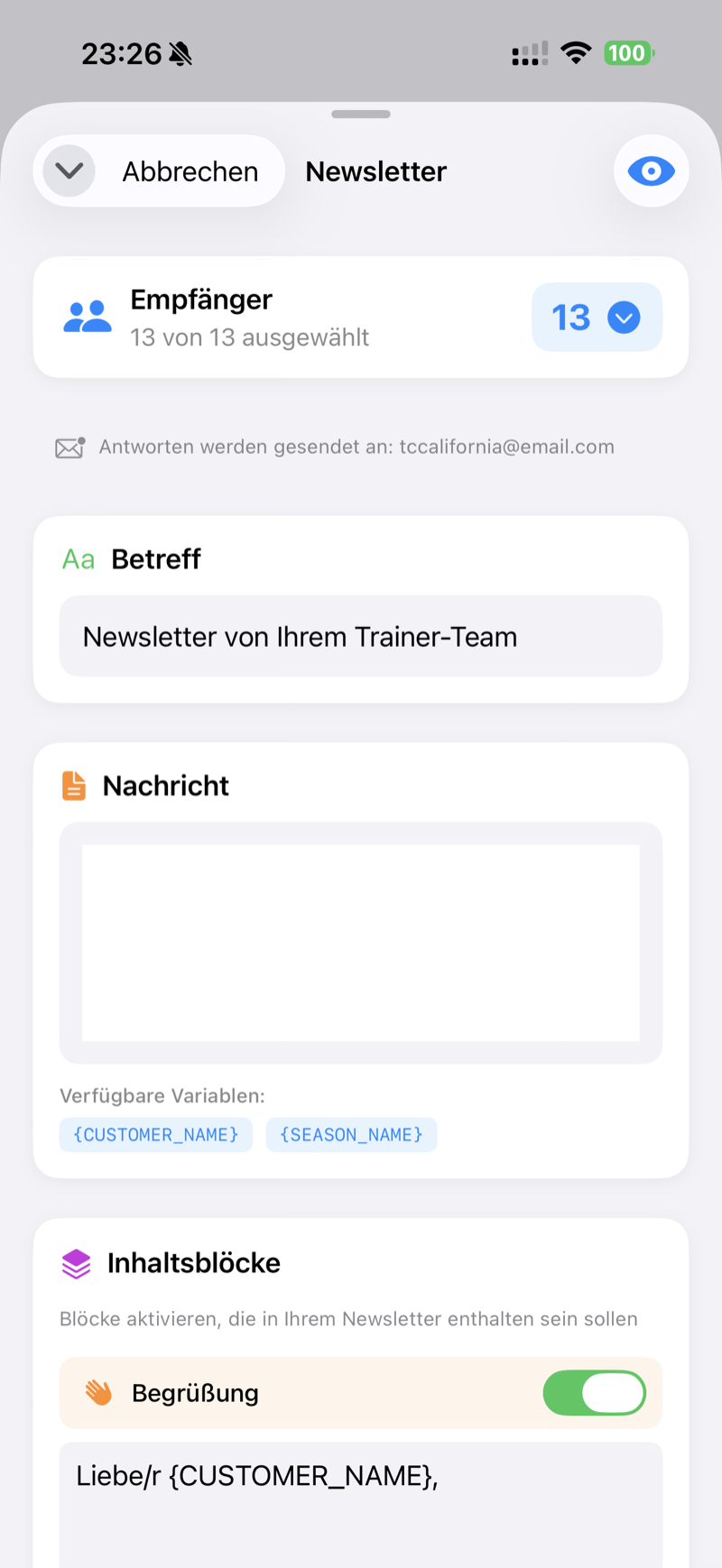 Newsletter compose view with subject, message, and content block options