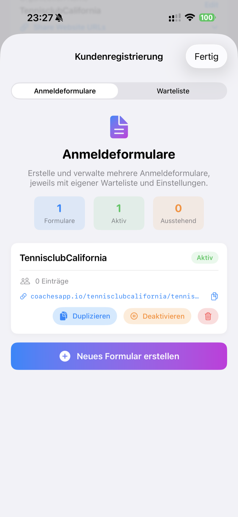Signup forms management showing active form with public URL and waiting list