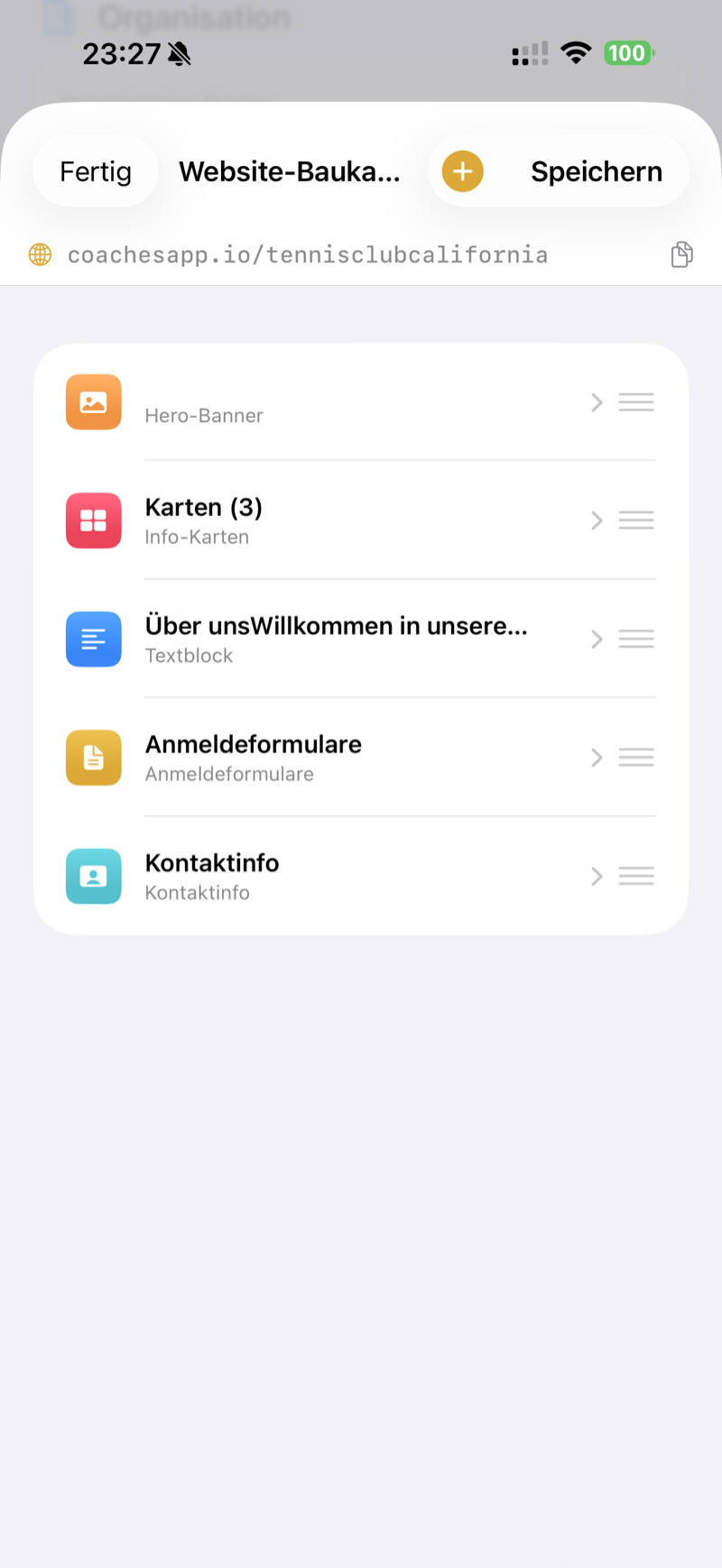 Website builder showing drag-and-drop blocks: hero banner, cards, text, signup forms, and contact
