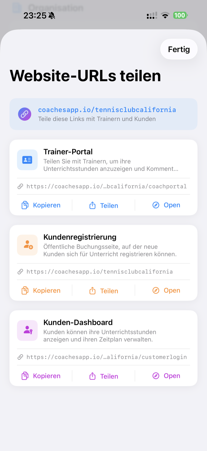Share website URLs showing trainer portal, customer registration, and customer dashboard links